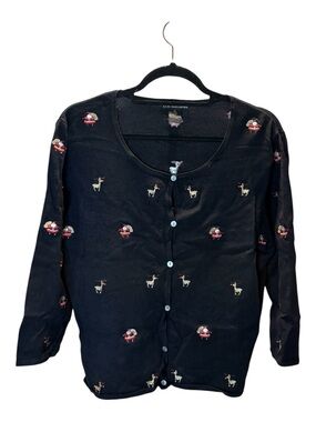 Erin Matthews Holiday Button-Front Cardigan with Santa and Reindeer Embroider